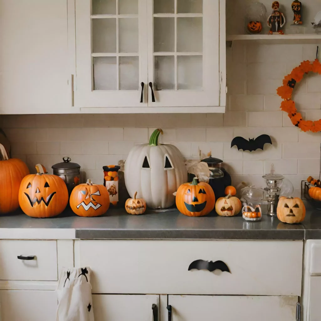 A captivating Halloween kitchen adorned with versatile pumpkin decor—painted, carved, and left in their natural state. 