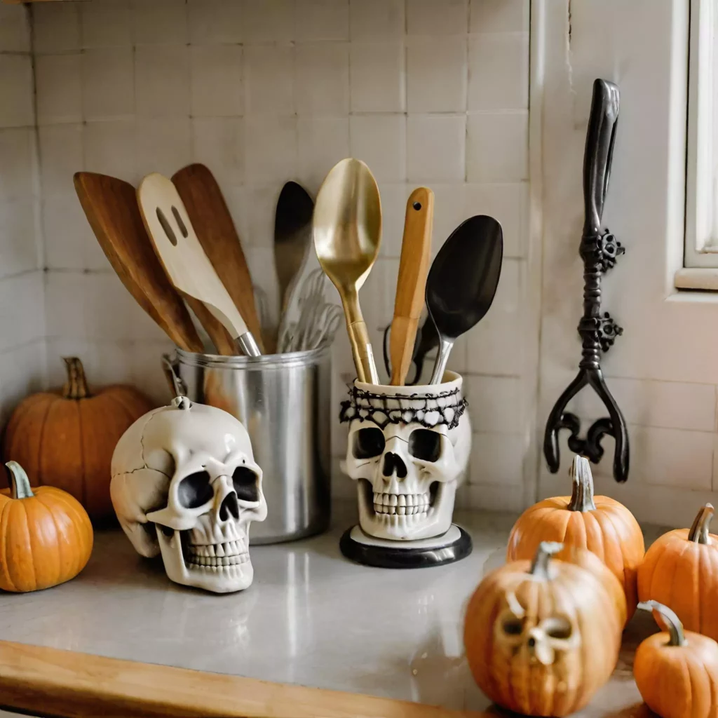 Skull-themed utensils strategically placed in a Halloween kitchen, featuring skull-shaped handles for a macabre yet elegant touch in the themed decor.