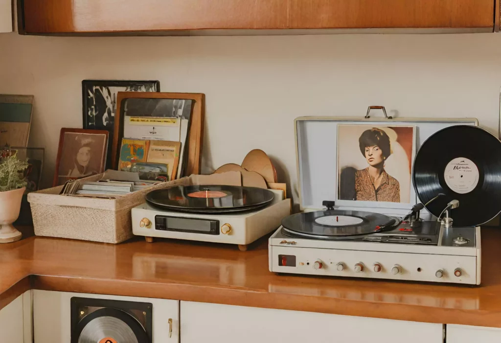 Kitchen with a record player, displaying a collection of vintage records for a unique and immersive musical nostalgia experience