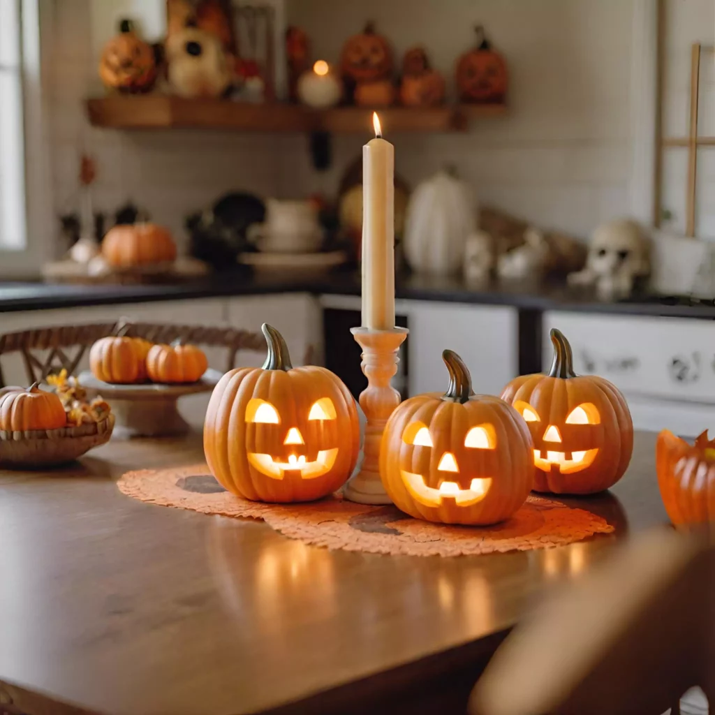 Jack-o'-Lantern candle holders on a Halloween kitchen table, creating a warm and eerie ambiance with flickering candlelight through carved pumpkins, perfect for gatherings or cozy nights in.