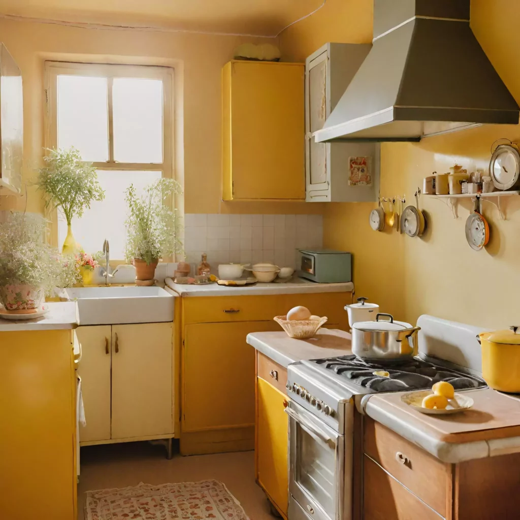 Vintage kitchen with mustard yellow walls, exuding retro charm and sophistication.