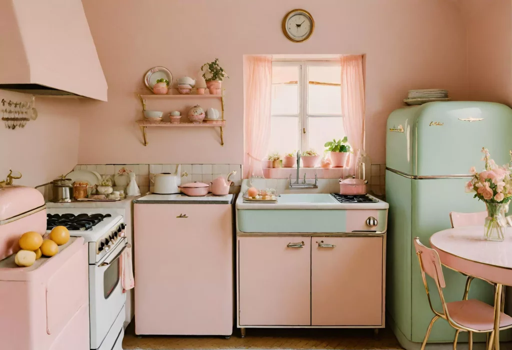Vintage kitchen with pastel pink elements, adding retro-inspired flair for a playful and feminine character.