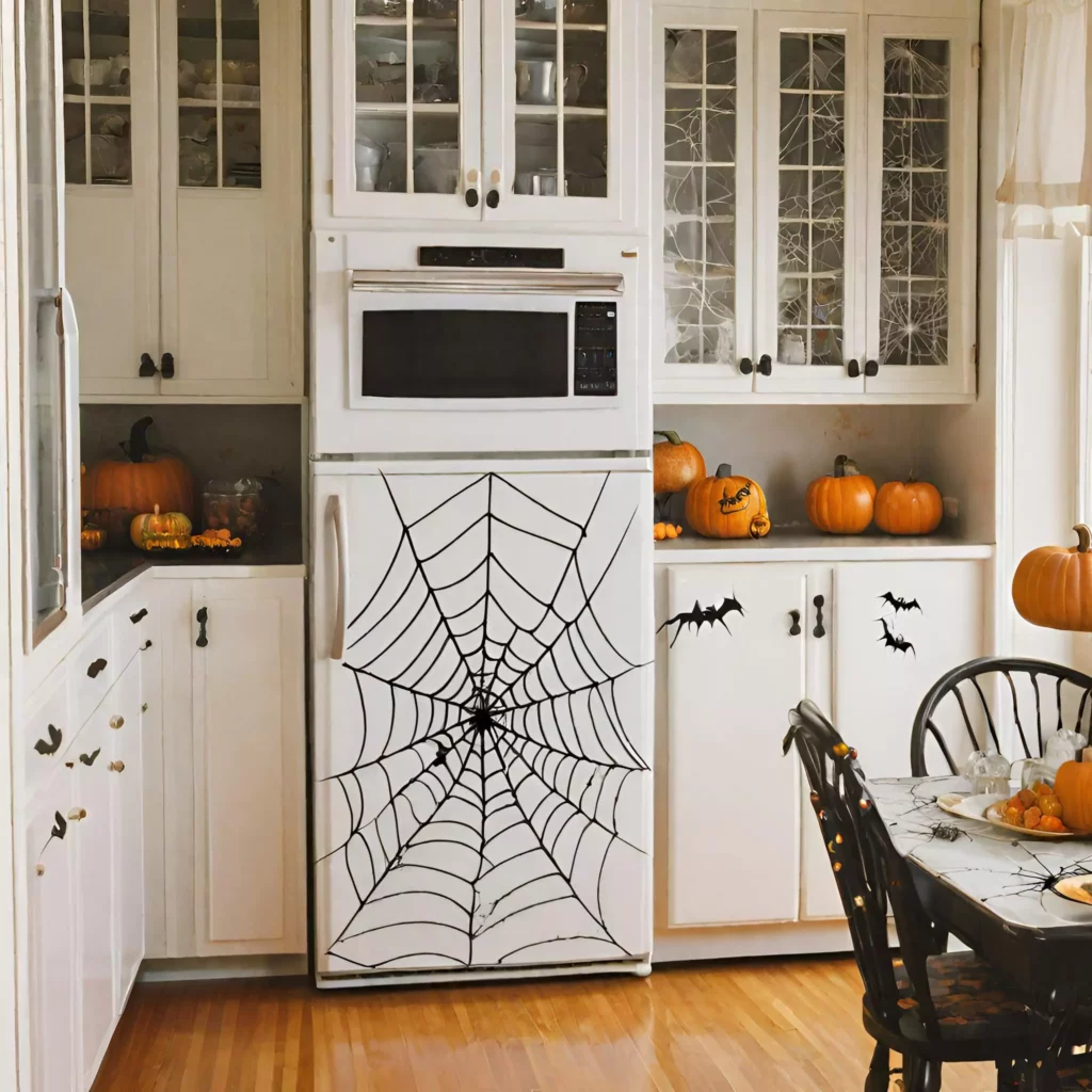 Vinyl spiderweb decals strategically placed in a Halloween kitchen, transforming surfaces into haunting focal points for an eerie yet stylish atmosphere.