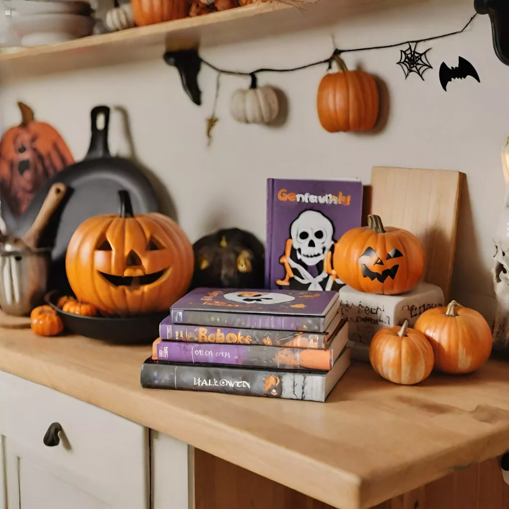Halloween recipe books showcased in a chilling culinary corner of the kitchen, providing thematic inspiration and inviting a ghoulishly delightful atmosphere for culinary creativity.