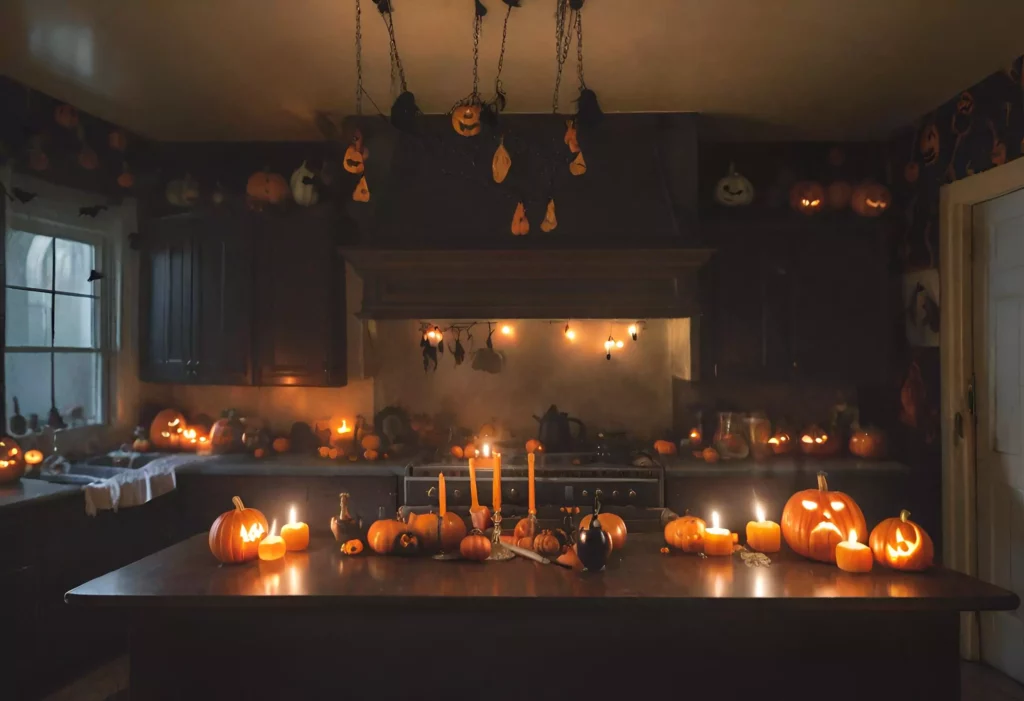 Dimmed lights in a Halloween-themed kitchen evoke spooky shadows, setting the stage for a chilling and mysterious culinary experience.