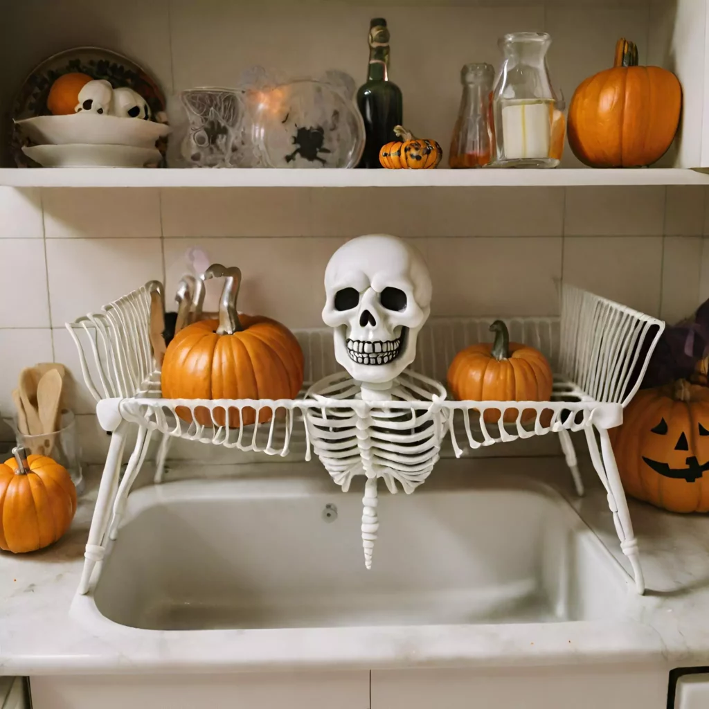 Skeleton Dish Drying Rack in a Halloween kitchen, strategically placed near the sink for a whimsical and functional addition, adding spooky charm and contributing to the Halloween ambiance.