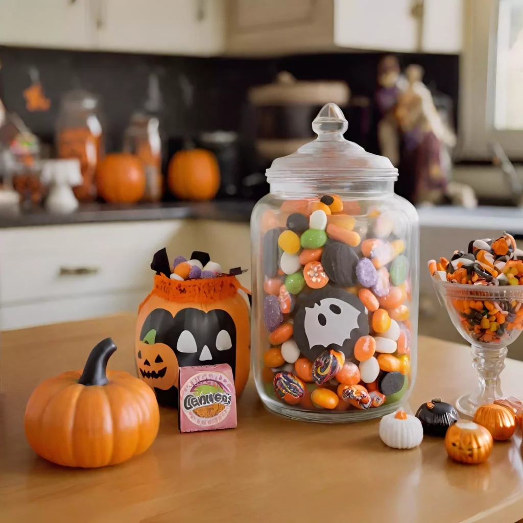 Trick-or-Treat Candy Jar on the kitchen countertop, filled with festive candies, inviting guests to indulge in a sweet surprise and embrace the Halloween spirit