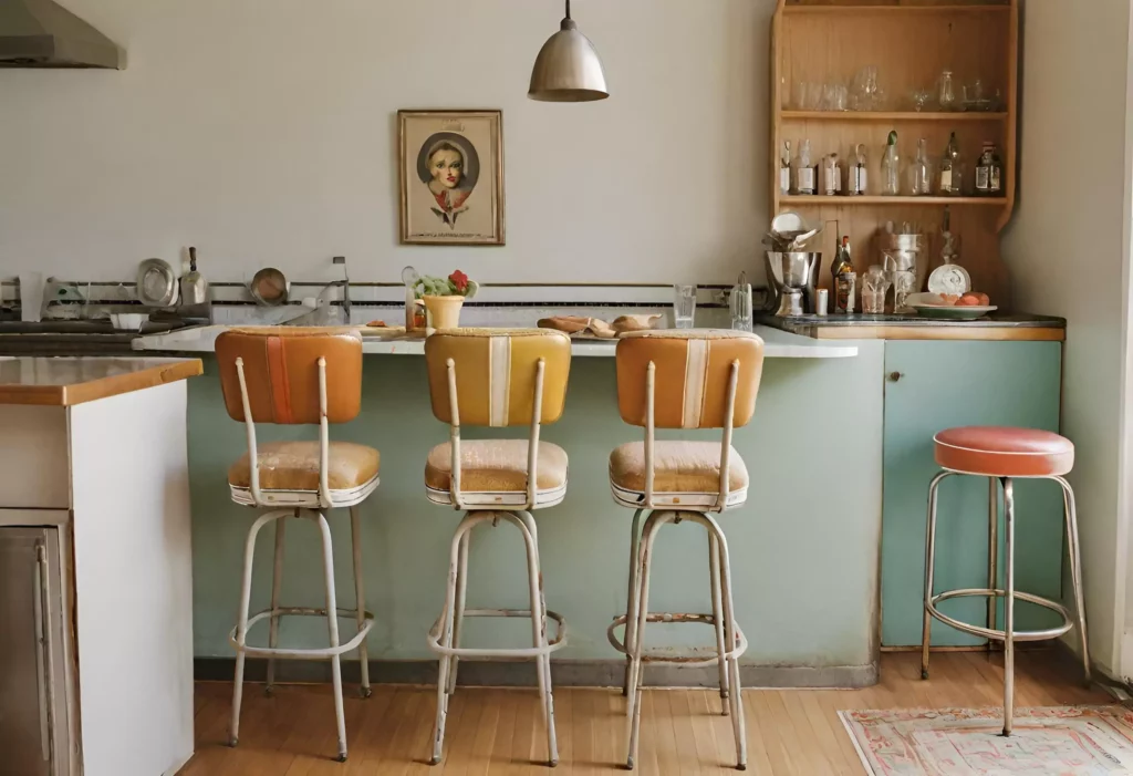 Kitchen with unique seating options, including bar stools with a retro flair