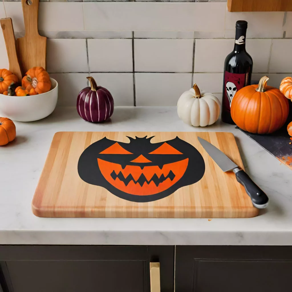 Vampire Bite Cutting Board in a Halloween kitchen, strategically placed on the countertop, adding a touch of Halloween whimsy with its playful yet eerie design.