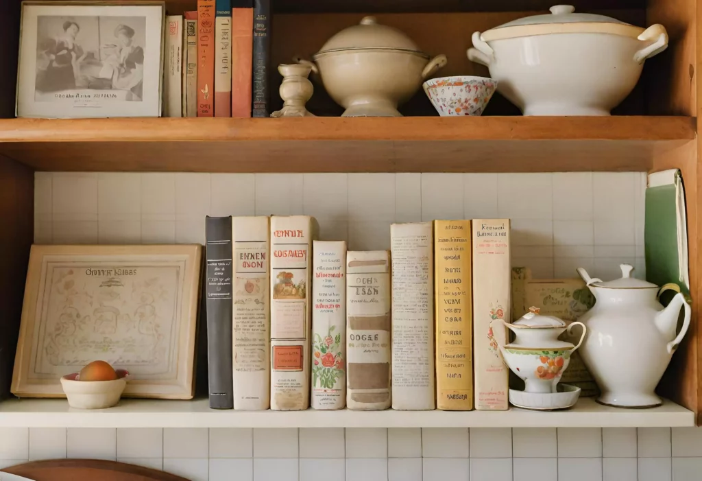 Kitchen with old cookbooks displayed as decor, arranged on shelves or countertops, adding a touch of vintage charm and honoring timeless recipes.