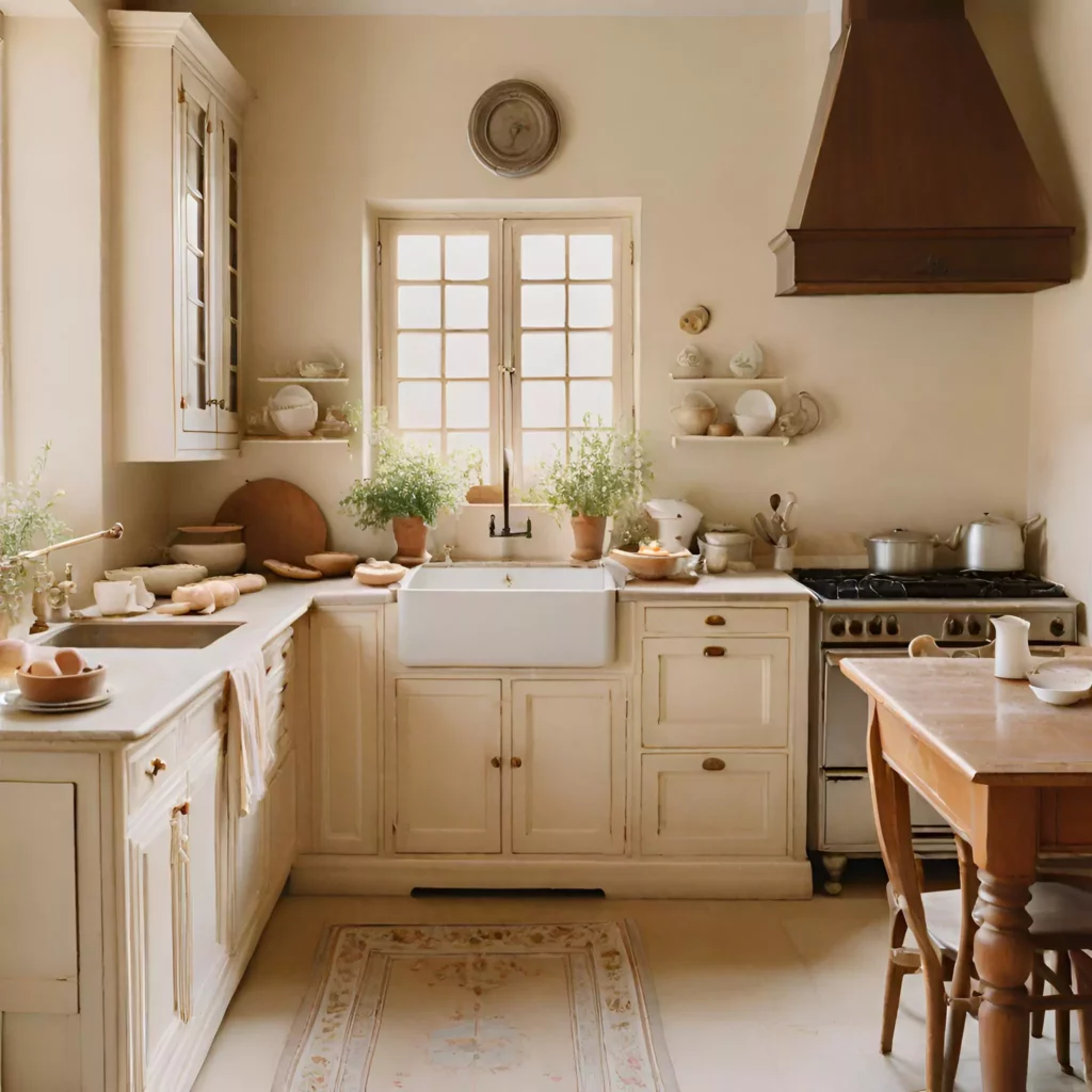 Warm, inviting kitchen adorned in soft creams and antique whites.