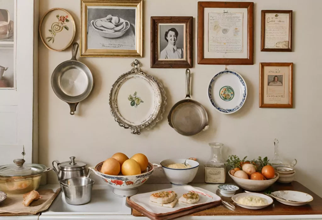 Kitchen with a vintage gallery wall, featuring antique recipes, utensils, and culinary art, celebrating the timeless allure and history of the space.