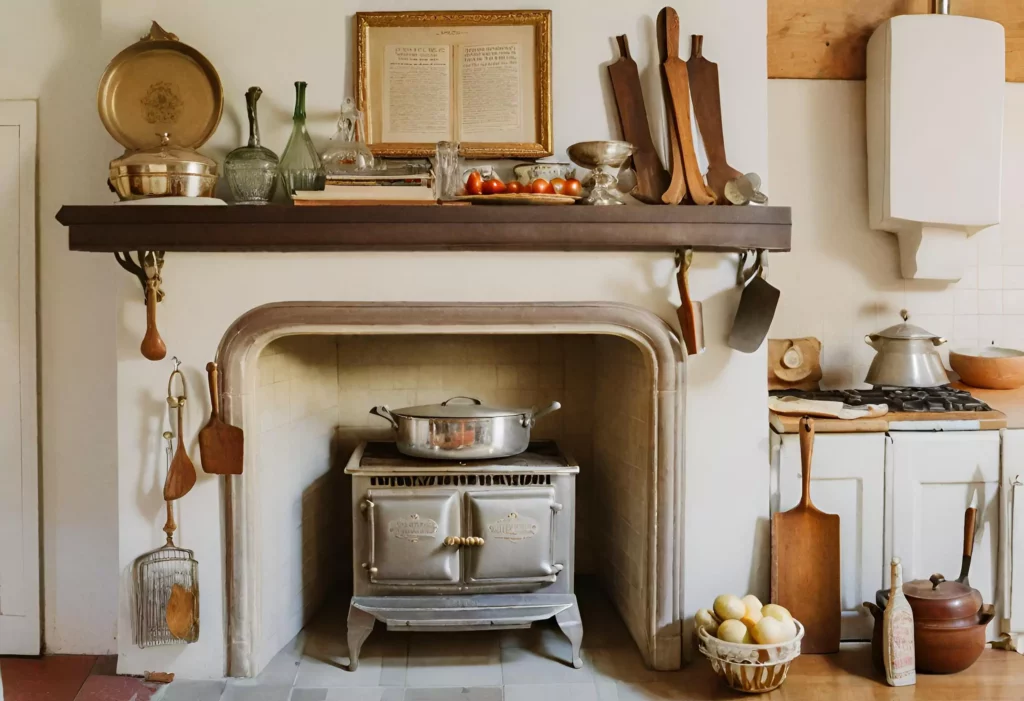 Kitchen with a vintage fireplace mantel 