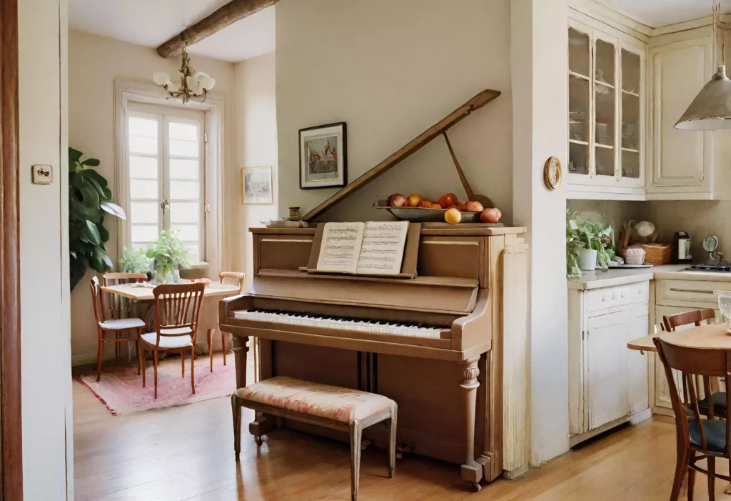 Kitchen with a vintage piano, adding a unique touch, sophistication, and musical charm to the culinary haven