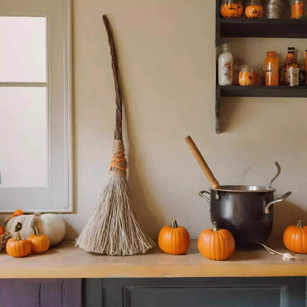 A witch's broom placed in a Halloween kitchen corner, adding a whimsical touch and maximizing its visual impact in the spooky culinary space.
