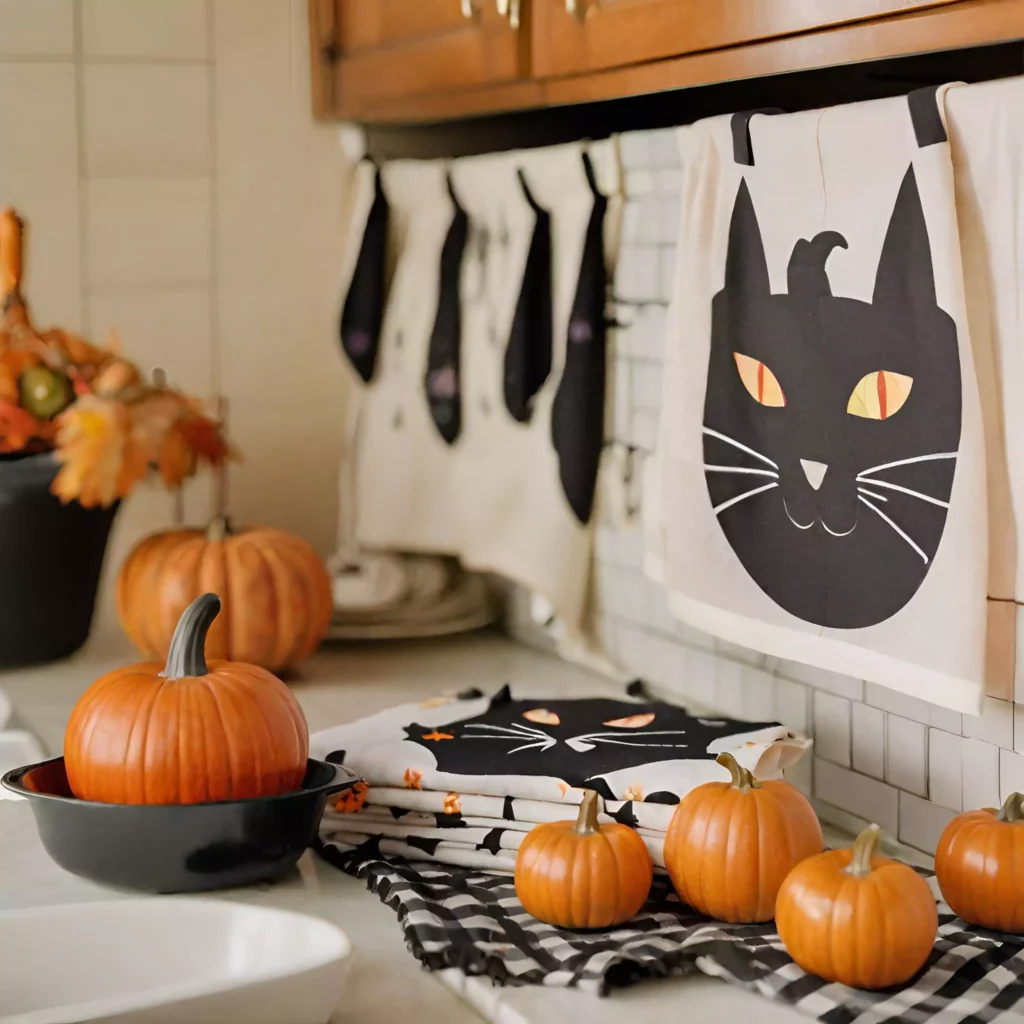 Black cat-themed kitchen linens in a Halloween kitchen