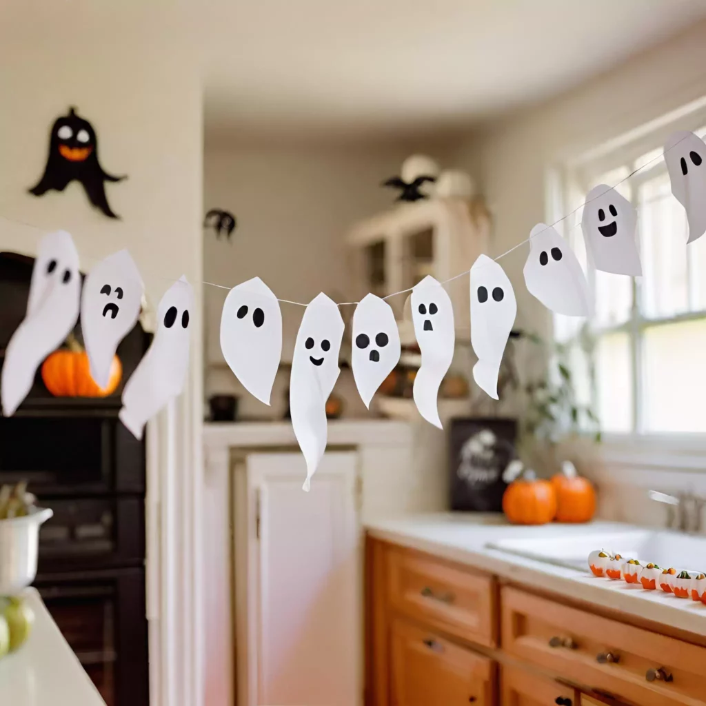 DIY Ghost Garland in a Halloween kitchen, crafted from white paper or cloth, adding a charming and playful touch for a festive and budget-friendly Halloween ambiance.