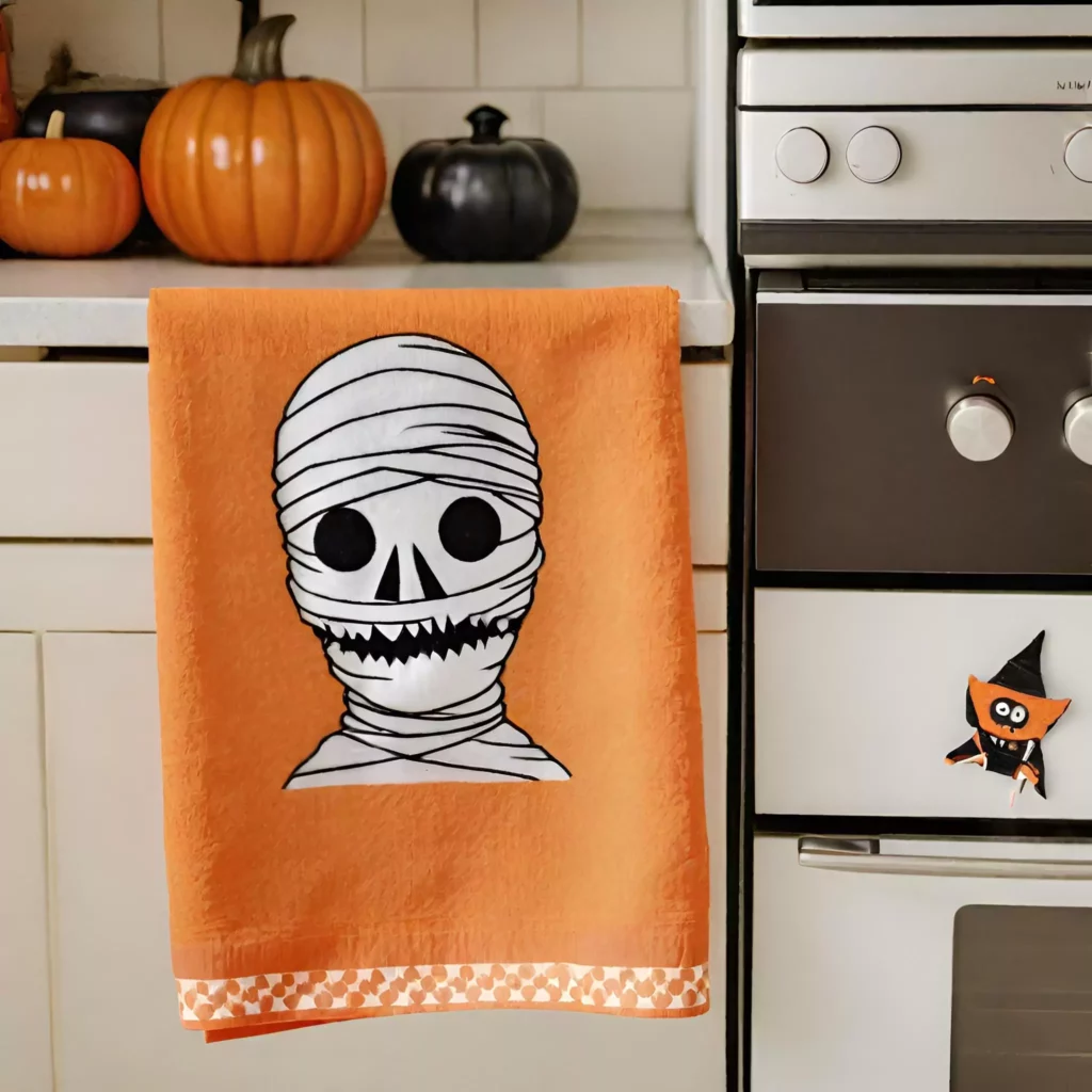 Mummy-inspired kitchen towels with bandage patterns and spooky eyes, draped over the oven handle, adding a festive and functional accent to the Halloween-themed kitchen.