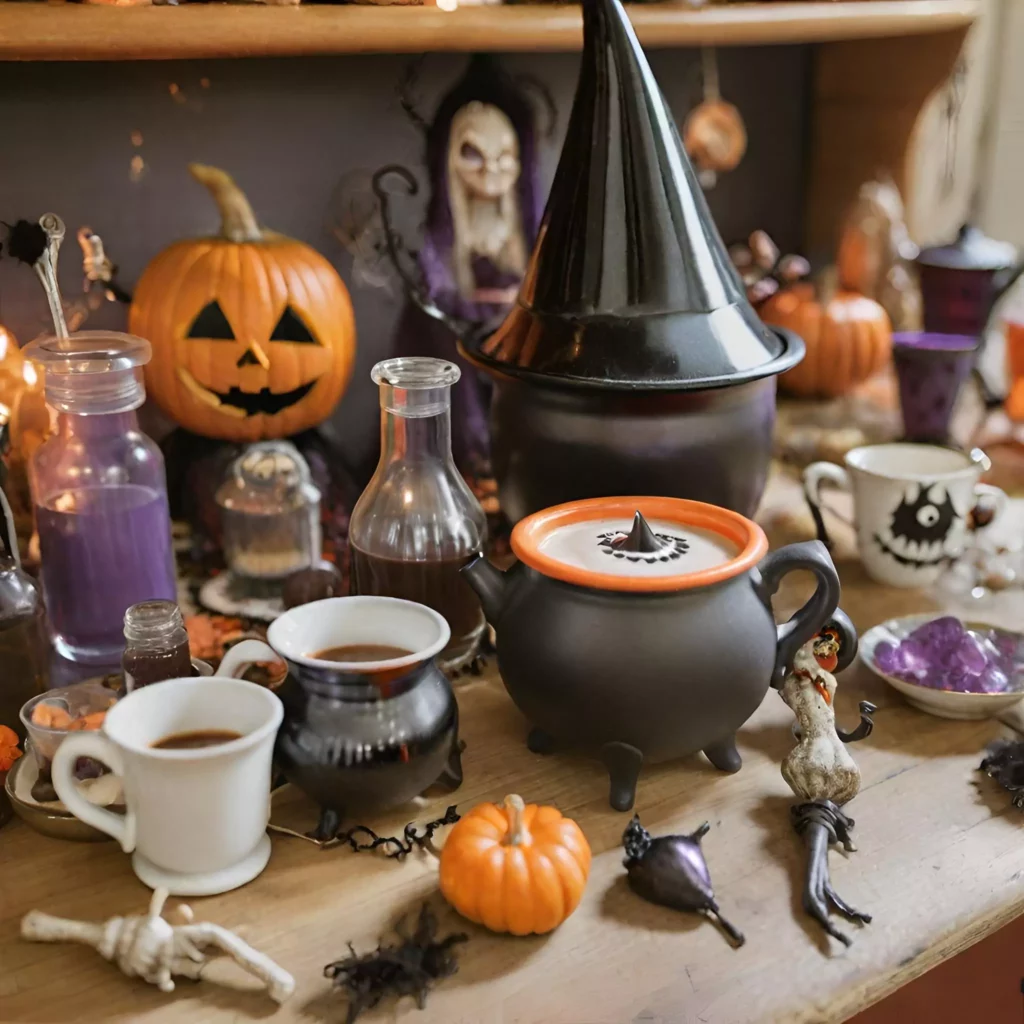 A bewitching Witches' Brew Station in a Halloween kitchen, adorned with cauldron-shaped mugs, eerie potion bottles, and a witch's hat, offering a spooky hot drink experience