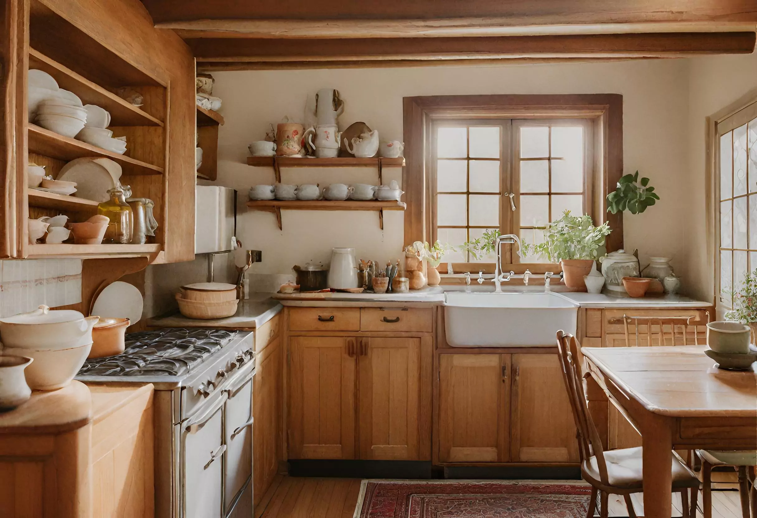 Vintage kitchen with wood accents, exuding old-fashioned elegance for warmth and character.