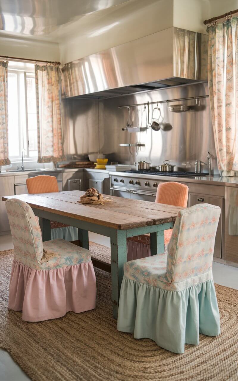 A vintage kitchen with a rustic wooden table in the center, surrounded by cushioned chairs with slipcovers in pastel hues. The kitchen has a beautifully balanced design, blending sleek, polished stainless steel countertops and fixtures with soft textiles like floral-patterned curtains and a braided jute rug. The overall atmosphere is inviting and timeless, with the reflection of light creating depth and charm.