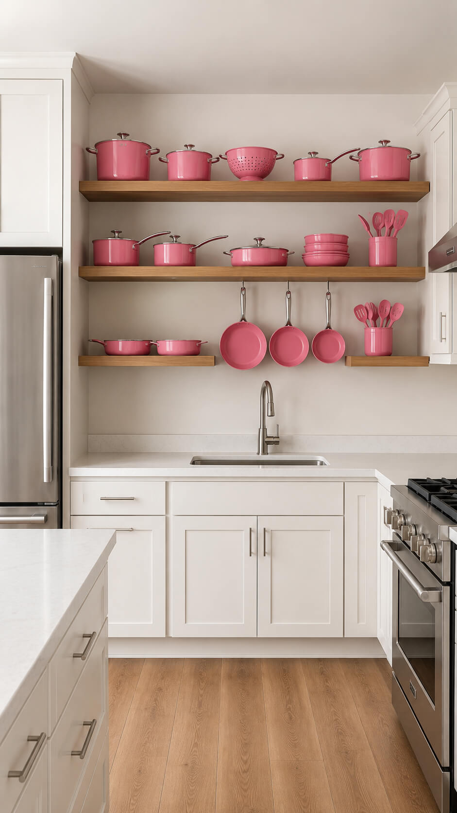 Bright pink kitchen accents with modern appliances