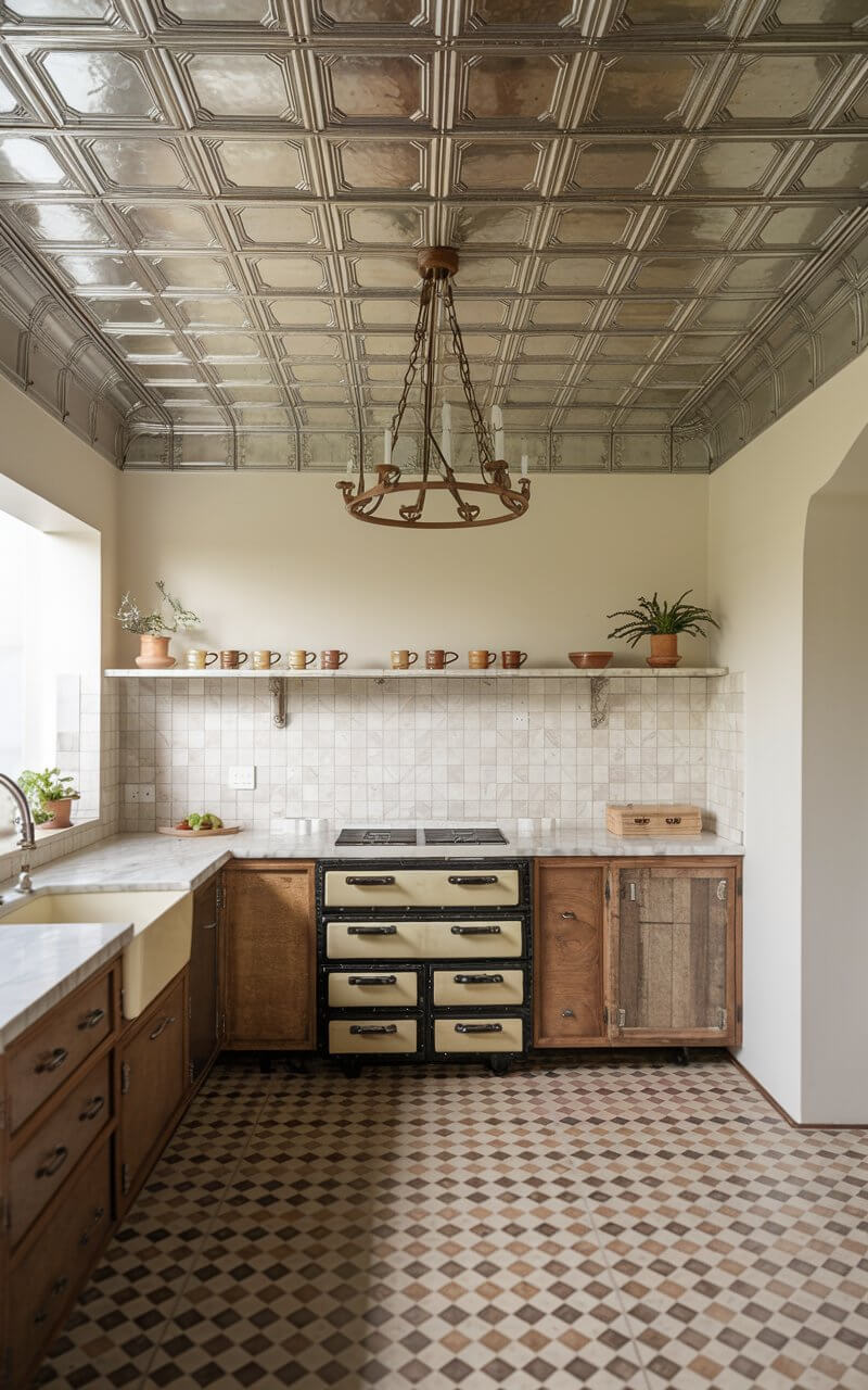 A photo of a minimalist kitchen with a vintage-style tin tile ceiling in an antique silver finish. The kitchen has rustic wood cabinetry and creamy marble countertops. A wrought-iron chandelier hangs from the ceiling. Open shelves hold retro mugs and small plants. The floor has geometric patterned tiles in muted earth tones.