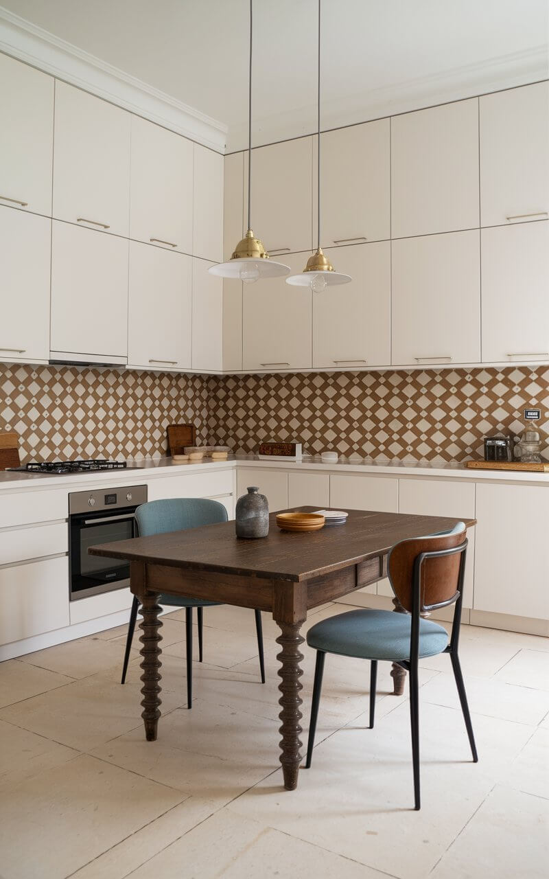 A photo of a kitchen with modern, clean lines and vintage charm. The kitchen has sleek, handle-less white cabinets and a retro-inspired backsplash tile with a geometric pattern. There's an antique wooden table with spindle legs in the center, surrounded by contemporary chairs with vintage upholstery. Pendant lights with a brass finish hang above the table, connecting the old and new elements in the kitchen.