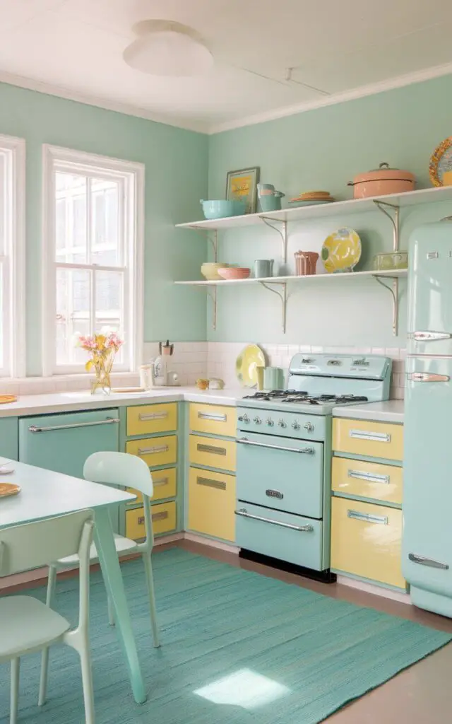 A photo of a refreshing kitchen adorned with retro cool tones of mint green, pale yellow, and powder blue. The walls are painted in a soft mint hue, while the cabinetry features yellow accents with chrome handles. A pastel blue oven and matching fridge sit proudly in the corner, accented by colorful dishware displayed on open shelves. A vibrant teal rug under the table adds a pop of brightness, while natural light streaming through white-framed windows enhances the cheerful, nostalgic ambiance.