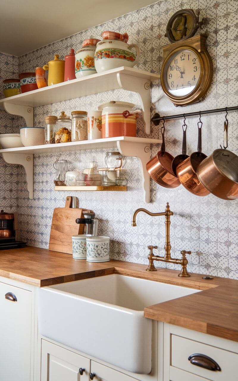 A close-up of a stylish kitchen is transformed with thoughtful, vintage-inspired decor, making the most of its compact space. The backsplash comes to life with peel-and-stick wallpaper featuring a charming retro floral pattern, adding warmth and character without the permanence of traditional tile. Open shelving displays a collection of colorful ceramic canisters, neatly arranged alongside antique glass jars filled with pantry staples. A vintage wall clock with an aged brass frame serves as a nostalgic focal point, while a hanging pot rack, suspended from the ceiling, showcases gleaming copper cookware that adds both function and charm. At the heart of the space, a classic farmhouse sink—deep and practical—is paired with an elegant brass faucet that develops a natural patina over time, enhancing the kitchen’s old-world appeal. Wooden countertops provide a warm, inviting contrast to the soft, pastel-hued cabinets, which feature vintage-style hardware for an authentic touch. A carefully chosen pendant light with a