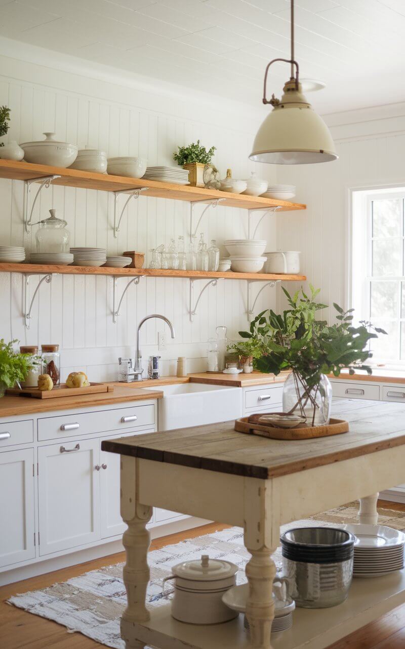 A photo of a bright and fresh kitchen with crisp white cabinets and warm vintage wood details. The clean, white palette provides a timeless backdrop, while reclaimed wood countertops and shelving introduce character and history. Open shelves display white ceramic dishware, vintage glass jars, and small potted plants. An aged wooden island serves as the centerpiece, blending utility with rustic charm. Soft light from a classic schoolhouse pendant casts a welcoming glow.