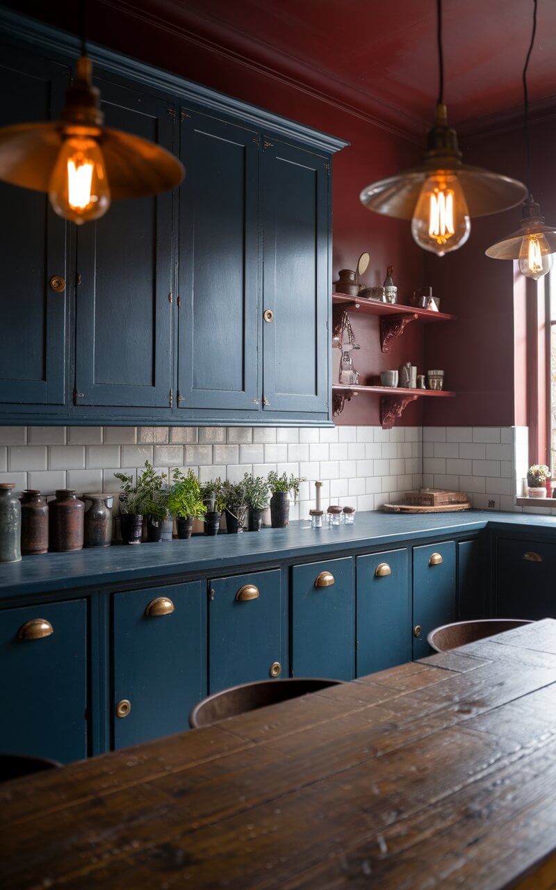 A photo of a vintage kitchen with cabinets painted in a deep navy blue hue, complemented by forest green and burgundy accents. The rich color palette creates a luxurious and timeless ambiance. The walls have classic white subway tiles, subtly contrasting with the darker tones. Brass hardware gleams on the cabinetry, while a large wooden dining table anchors the space. Vintage pendant lights with warm Edison bulbs cast a soft glow, emphasizing the depth and sophistication of the color scheme. Small potted herbs and antique jars line the countertops, adding character and warmth.