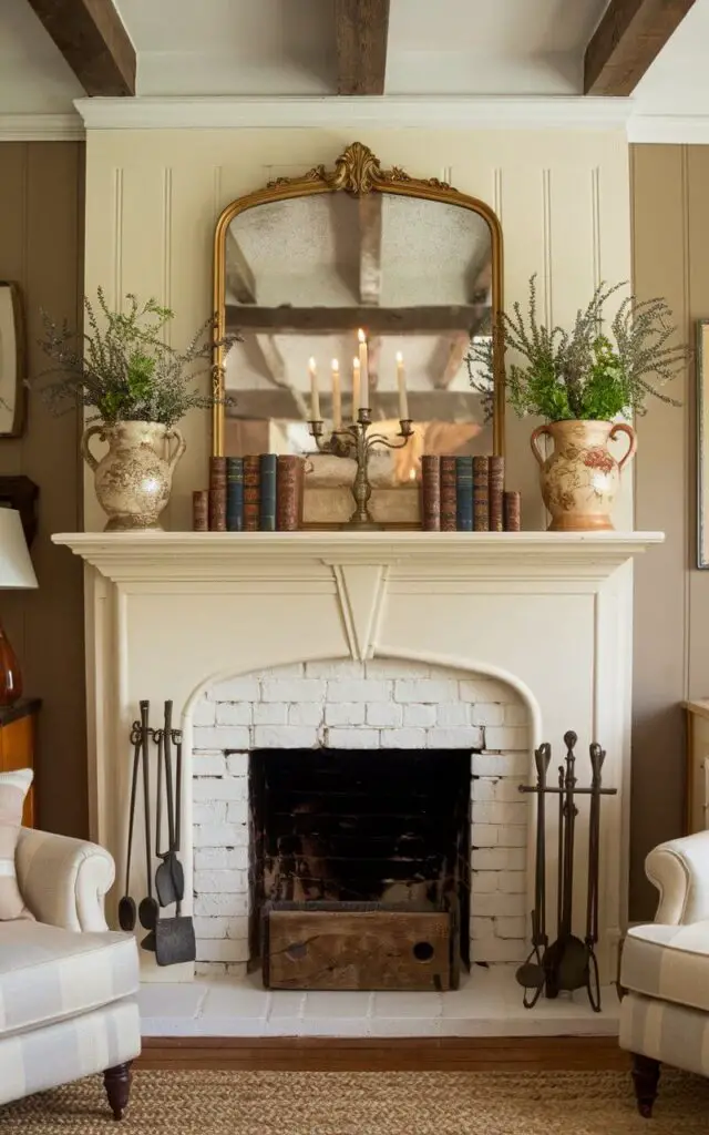 A charming kitchen with a restored vintage fireplace mantel as the centerpiece. The mantel, painted in soft ivory, is adorned with antique kitchen tools, weathered cookbooks, and a pair of ceramic vases filled with fresh herbs. Above it hangs a vintage mirror with an ornate gold frame, reflecting the soft light from a nearby candelabra. Surrounding the mantel are walls in a warm taupe hue, accented with wooden beams overhead. A cozy armchair and a braided rug complete the inviting vignette.