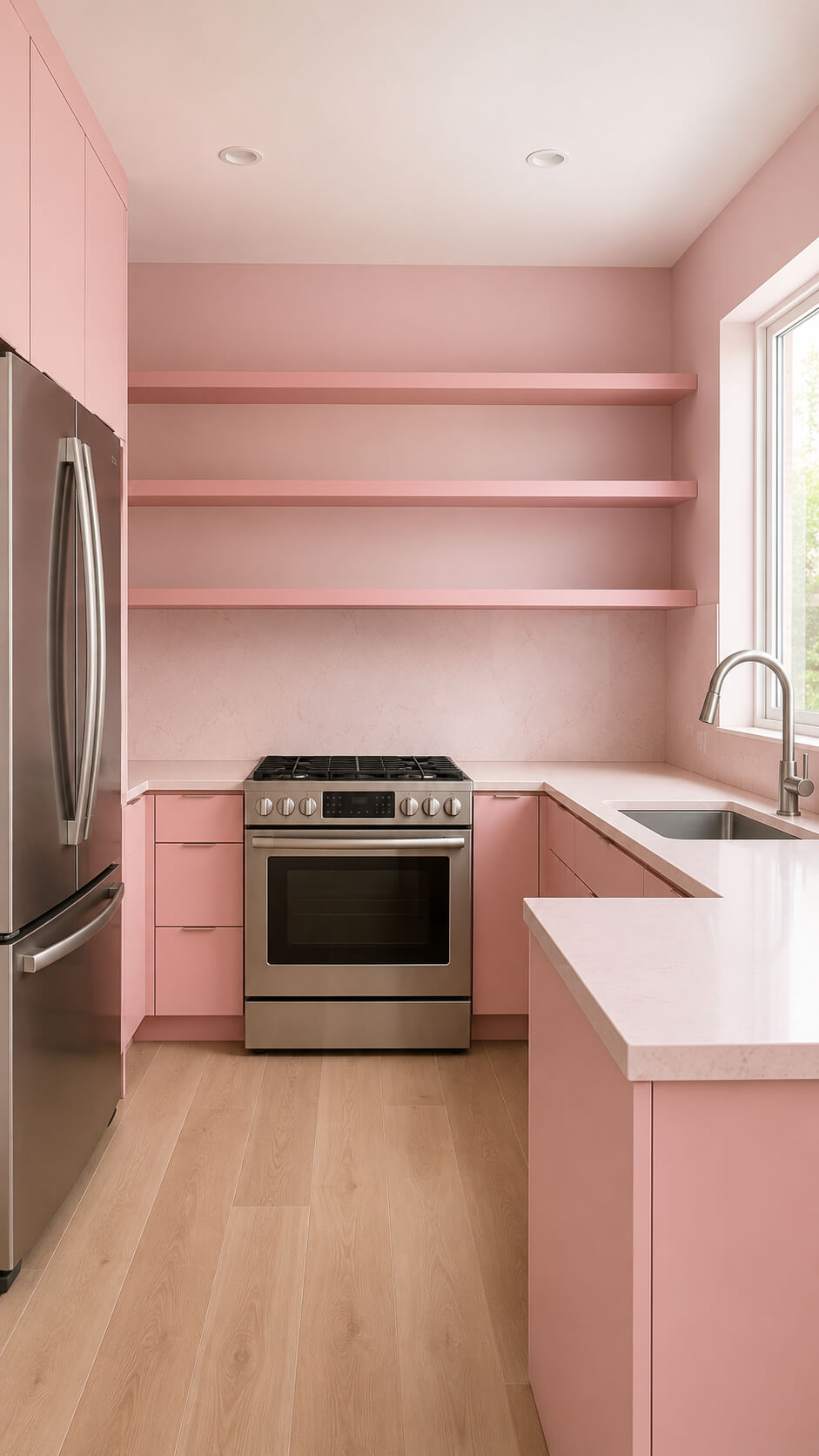 Minimalist pink kitchen with modern details