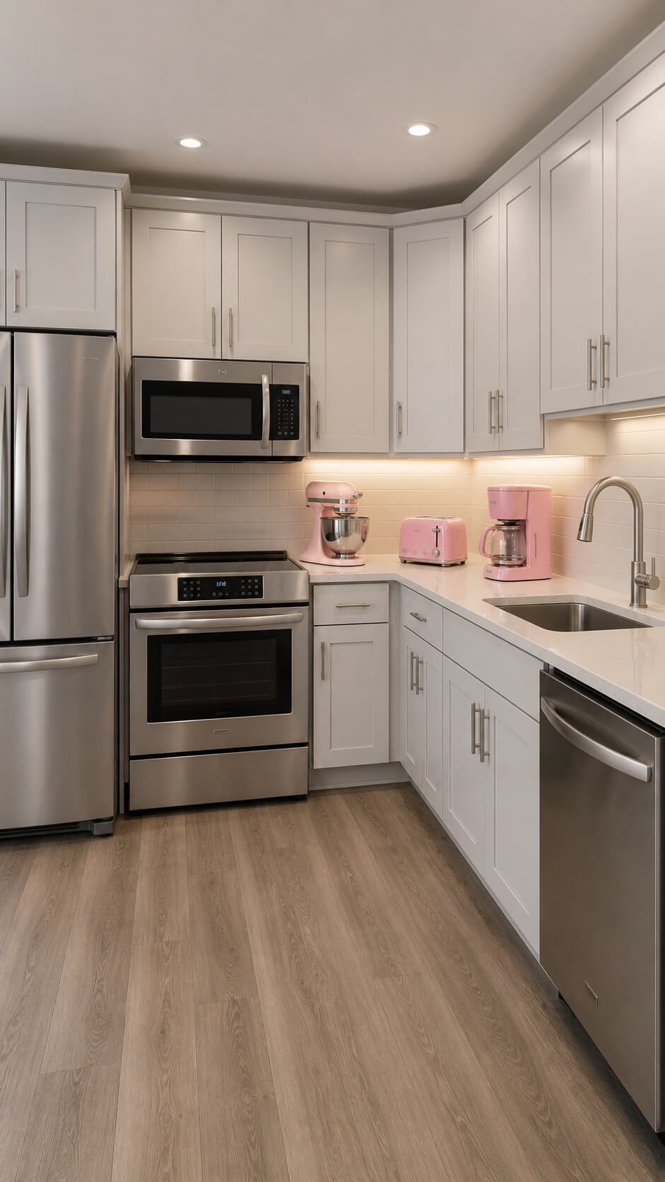 Modern kitchen with pastel pink accents