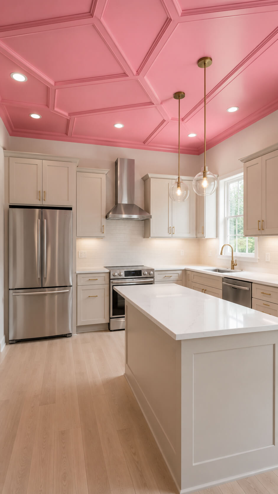 Modern kitchen with pink ceiling accents