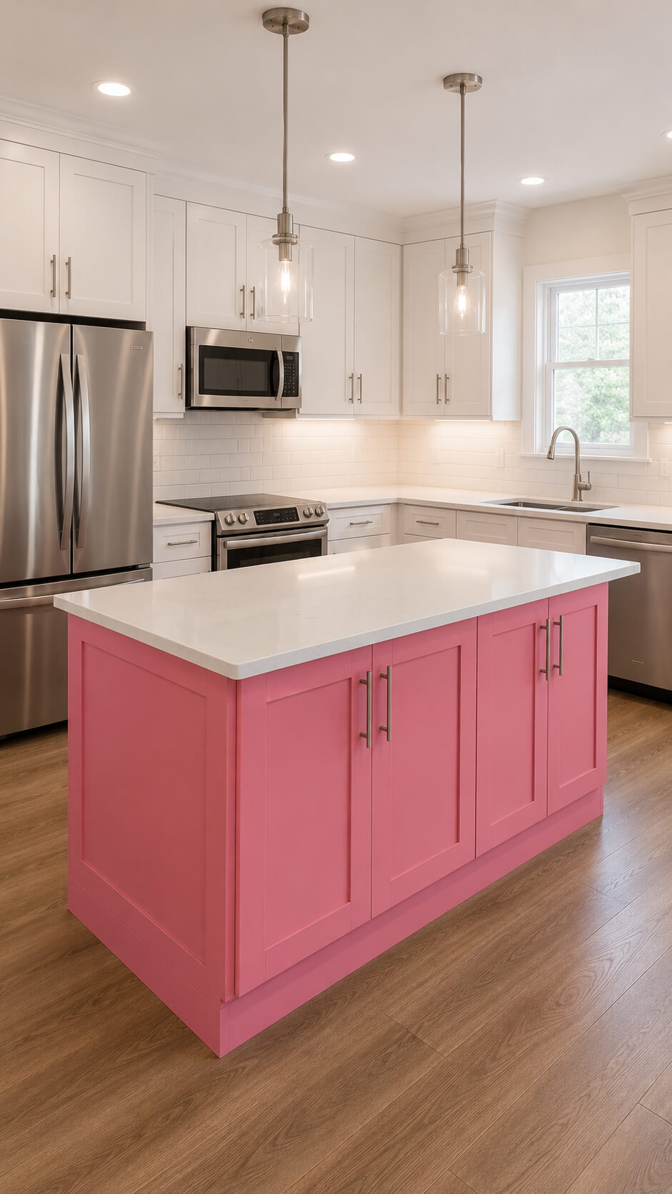Modern kitchen with pink island centerpiece