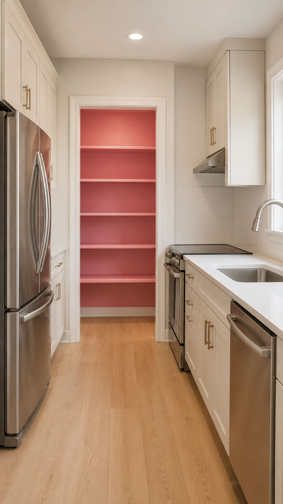 Modern kitchen with vibrant pink pantry