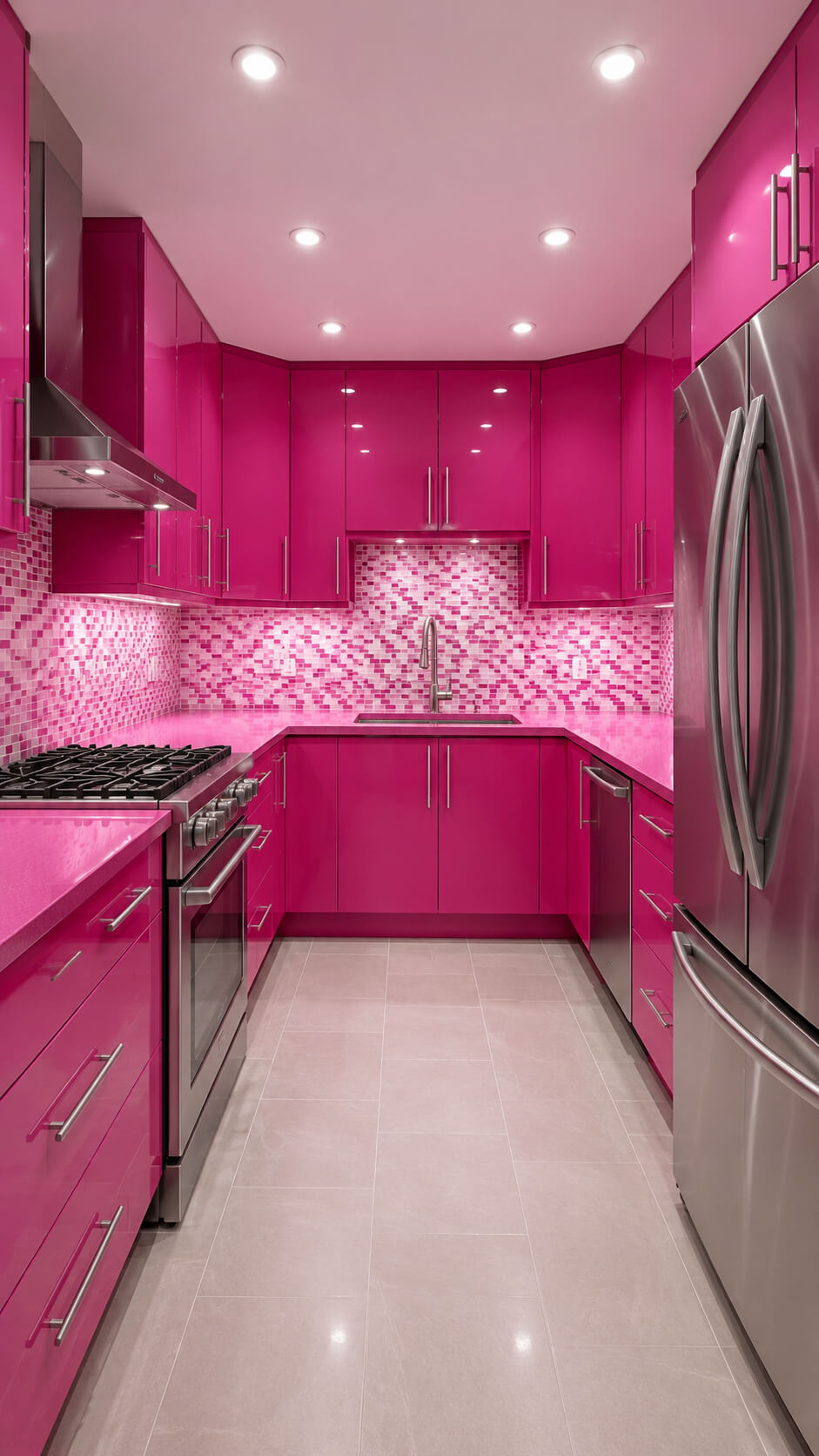 Modern magenta kitchen with sleek appliances