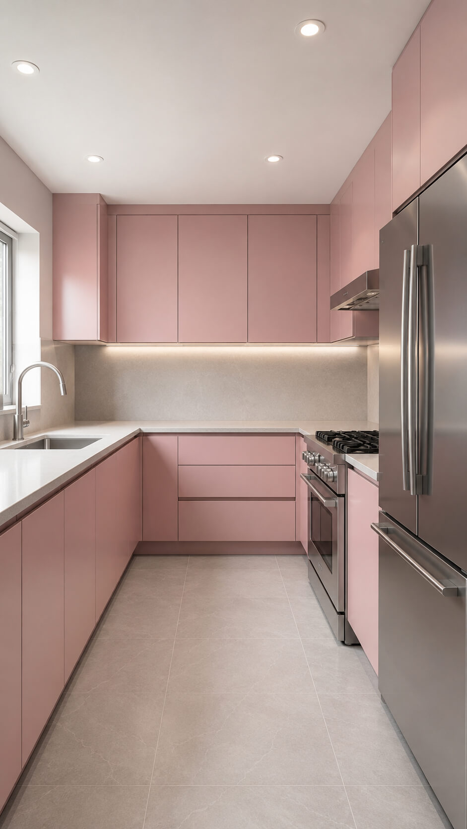 Modern pink and stainless kitchen design