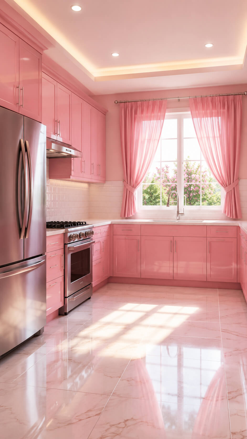 Modern pink kitchen with natural light