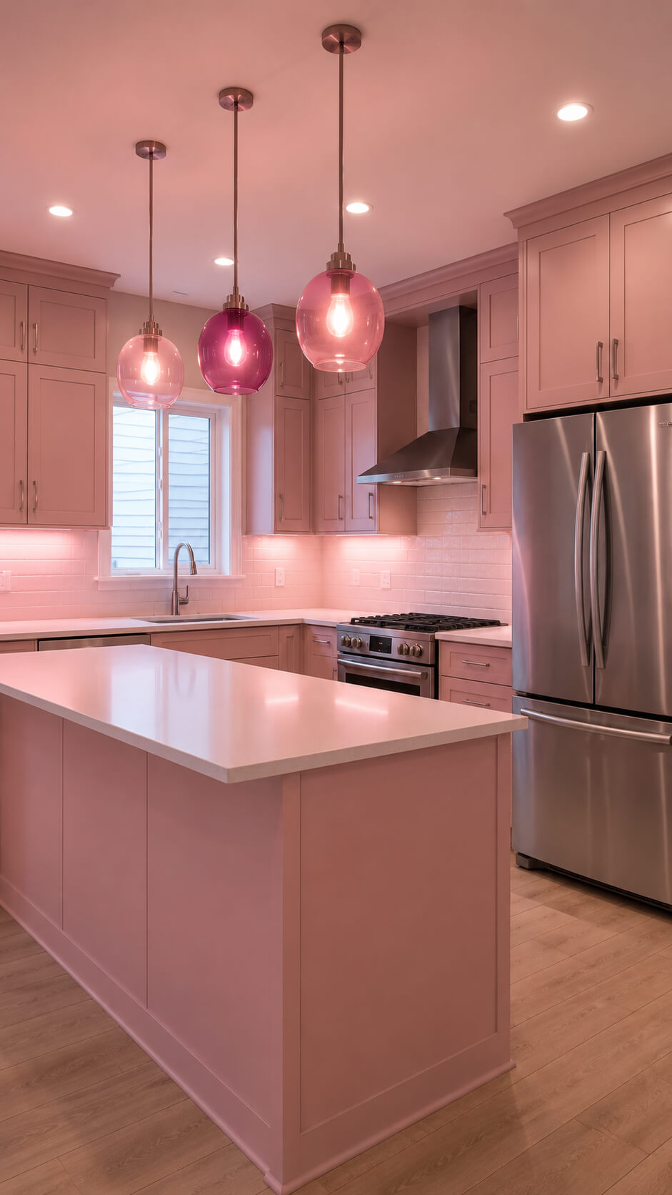 Modern pink toned kitchen with island