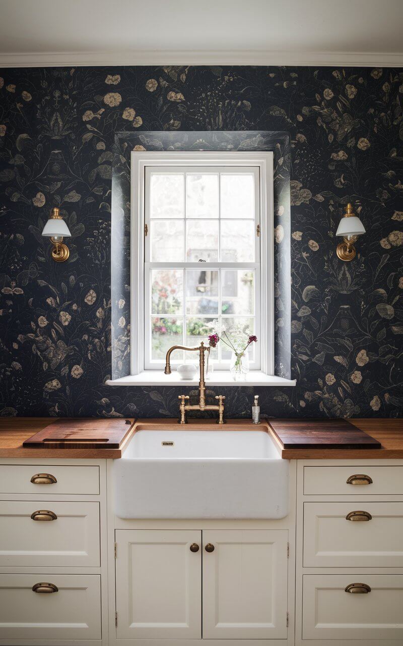 A cozy kitchen with vintage-inspired deep jewel tone wallpaper, featuring a subtle floral motif. The wallpaper adds moody elegance, complementing the white cabinetry and brass hardware. At the center, a large farmhouse sink with a stainless steel faucet is positioned beneath a window framed by the rich wallpaper. The window offers a charming view of the garden. A wooden butcher block countertop introduces warmth to the space. Antique sconces mounted on the wallpaper cast soft, diffused lighting, enhancing the nostalgic atmosphere. The minimalist design is reflected in the plain, uncluttered countertop.