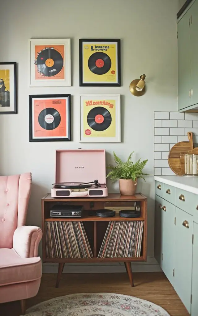 A whimsical kitchen corner with a vintage record player on a mid-century modern console. The setup includes a curated collection of vinyl records, stacked neatly in open shelves below. Framed retro album covers adorn the wall above, adding color and personality. A plush armchair in pastel pink sits nearby, inviting relaxation while the music plays. The kitchen itself is styled with muted teal cabinets and brass fixtures, harmonizing with the retro theme. A small potted fern on the console adds a touch of freshness.