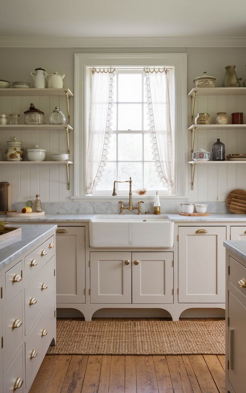 A photo of a vintage kitchen with a neutral palette of soft grays, whites, and beiges. The cabinetry features shaker-style doors with classic brass knobs, and the countertops are finished in honed marble. A farmhouse sink with a vintage-inspired faucet takes center stage beneath a large window framed by lace curtains. A woven jute rug adds texture to the wood floors, and a collection of antique jars and utensils are artfully displayed on open shelves, creating a serene and cohesive space.