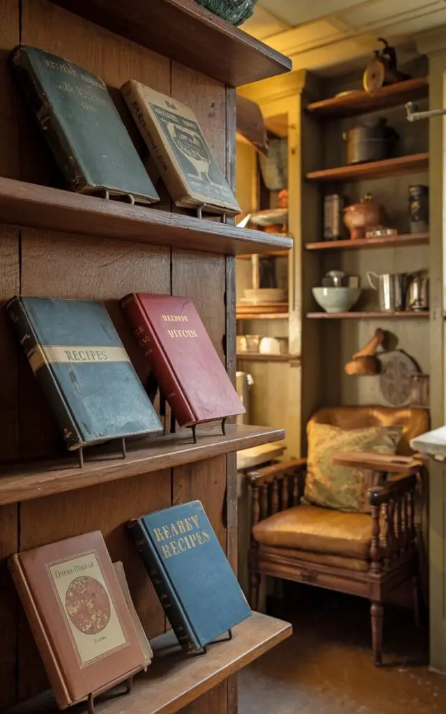 A photo of a cozy vintage kitchen with four old cookbooks artfully displayed on open wooden shelves. The cookbooks, with their worn spines and vintage covers bearing the word "Recipes," evoke a sense of nostalgia. Nearby, a small reading nook with a cushioned chair and a side table provides the perfect spot for browsing recipes. The kitchen's decor includes antique kitchen tools, while warm lighting enhances the rich textures and colors of the vintage books and furnishings.