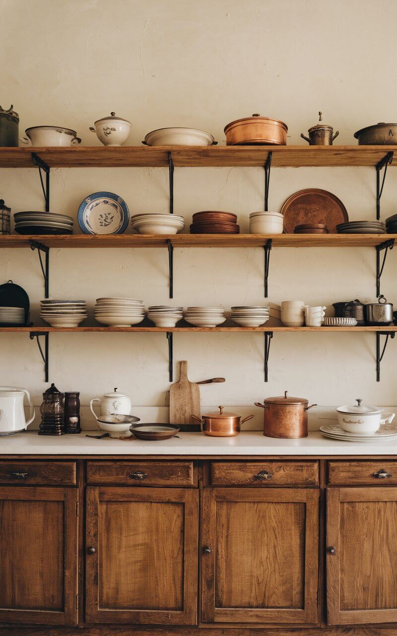 A photo of a vintage kitchen with floor-to-ceiling open shelving. The rustic wooden shelves are filled with antique dishware, aged copper pots, and classic kitchen essentials. The kitchen has a simple, cream-colored wall in the background, which highlights the vintage decor items. The overall ambiance is nostalgic and timeless.