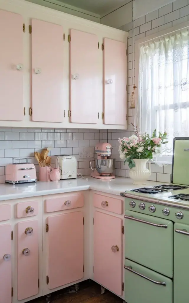 A vintage kitchen with pastel pink accents. The blush-pink cabinets, adorned with vintage glass knobs, set a whimsical tone. Matching appliances like a pink toaster and mixer exude old-fashioned charm. White subway tiles and a vintage mint green stove balance the palette, keeping the space light and airy. Fresh flowers in a milk glass vase and delicate lace curtains add feminine, nostalgic touches.