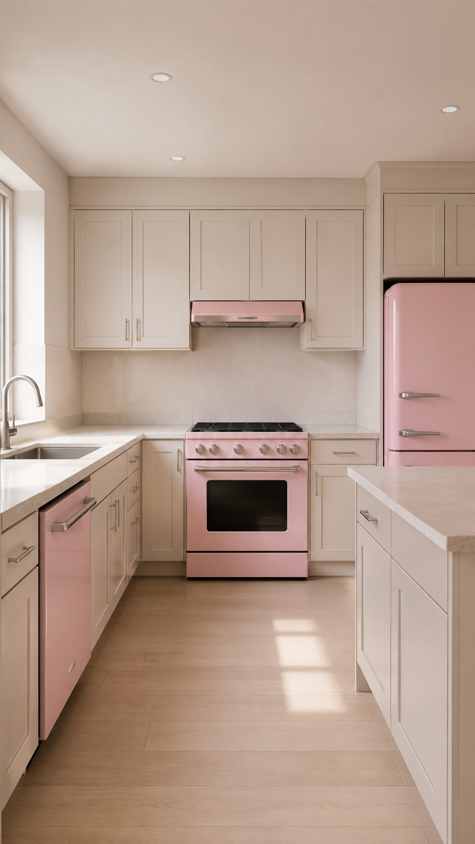 Pastel pink kitchen with natural light