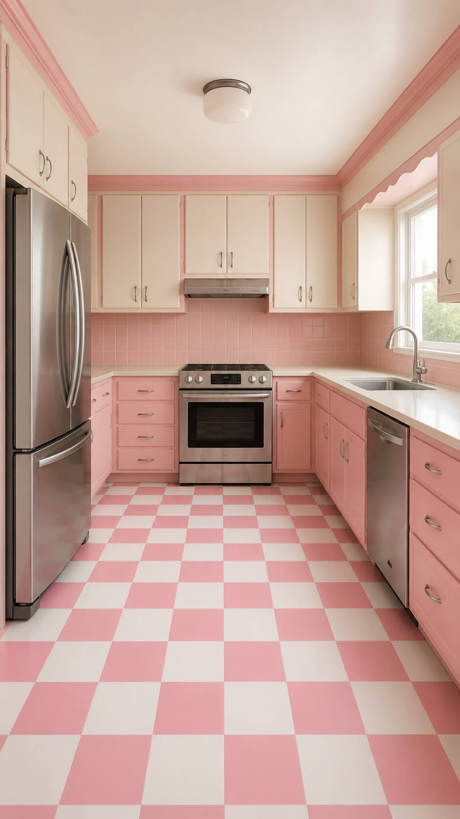 Pastel retro kitchen with checkerboard floor